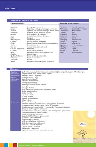 educación ambiental fascículo 16 . página 8
conceptos
Quillo (Solanum), quillay (Bredemeyera), cachiyuyo blanco (Atriplex), zampa (Atriplex), jume (Allemolfia) y tupe.
Junquillo, totora, jarilla, melosa, chañar y jume.
Verdolaga, melosa y algarrobos.
Junquillo, mimbre y caña.
Algarrobo y prosopanche.
Retortuño: marrón-rosado.
Tintitaco: marrón-rosado.
Algarrobo (Prosopis chilensis): marrón.
Jume: gris.
Tusca: gris (frutos).
Jarilla macho (Zuccagnia punctata): anaranjado (hojas).
Jarillas: amarillo-naranja.
Chilca: amarillo.
Aguaribay: amarillo.
Pichana: amarillo.
Retamo: amarillo-verdoso.
Palque: celeste.
De napas freáticas: algarrobos.
De suelos arenosos y/o sueltos: chañar brea y jarilla (L. divaricada).
De suelos arcillosos: chañar común y jarilla (L. cuneifolia).
De sobrepastoreo: melosa, olivillo y cactáceas (Gen. Opuntias y Tephrocatus).
De vientos fuertes: algarrobos rastreros.
De suelos salinos: pájaro bobo, vidriera, jume, manca potrillo, apen y zampa.
De altura: coronillo (1.500-1.800msnm).
Chañar brea (hasta 1.300msnm).
Garabato (800-1.000msnm y piedemonte).
Pichanilla (1.200-1.600msnm).
Jarillila (1.000-1.200msnm).
Jarilla cuneifolia (hasta 1.200msnm).
Jarilla divaricada (hasta 1.500msnm).
Jarilla nítida (desde 1.500msnm).
Coliguay (desde 1.500msnm).
Llareta (hasta 4.000msnm).
Superando los 4.000msnm, la vegetación es nula.
Para lavar
Industriales
Ornamentales
Cestería
Alimentarios
Tintóreos
Indicadoras
Importancia y usos de la flora nativa
Otros usos
Plantas medicinales
Aguaribay Emenagogo, anticatarral
Ajenjo Digestivo, vermífugo, emenagogo, carminativo
Alfilerillo Digestivo, vías urinarias, lumbago, reuma, ciática
Atamisque Digestivo, acidez estomacal, miásico
Arrayán Resfrío, dolores de estómago
Berro Antianémico, debilidad, dispepsias
Boldo Colagogo
Bolsa de pasto Antidiarreico, cistitis
Carqueja Hígado, fertilidad, impotencia
Ceibo Excitaciones nerviosas, histéricos, neurasténicos
Chañar Bronquitis, asma
Chil-Chil Vermes, afrodisíaco, estomacal
Cola de Quirquincho Afrodisíaco
Granadilla Gusto al mate, diurético
Jarilla Depurativo, hemorroides, inflamaciones
Piquillín Laxante suave
Quebracho blanco Tónico antifebril, antiasmático
Retortuño Hepáticos, diuréticos
Tamarindo Laxante
Solupe Depurativo, herpes, eczemas, forúnculos
Significado de los términos
Aperitivo Estimula el apetito
Astringente Contrae fibras y tejidos
Carminativo Antiflatulento
Colagogo Bilis
Depurativo Toxinas
Diaforético Sudorífico
Diurético Orina
Emenagogo Menstruación
Emético Vómitos
Emoliente Inflamatorio
Expectorante Alivia tos y catarro
Febrífugo Fiebre
Hepático Hígado
Sedante Calmante
Tónico Reconstituyente
 