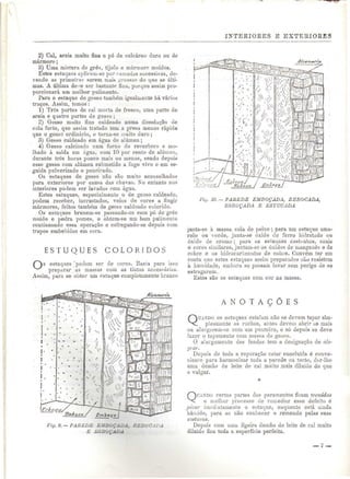 INTEEIOEES E EXTEEIOEES 
2) Cal, areia muito fina e pó de calcáreo duro ou de 
mármore; 
3) Uma mistura de grés, tijolo e mármore moídos. 
Estes estuques aplicam-se por ramadas sucessivas, de-vendo 
as primeiras serem mais grossas do que as últi-mas. 
A última de/e ser bastante fina, porque assim pro-porcionará 
um melhor pulimento. 
Para o estuque de gesso também igualmente há vários 
traços. Assim, temos: 
1) Três partes de cal morta de fresco, uma parte de 
areia e quatro partes de gesso ; 
2) Gesso muito fino caldeado numa dissolução de 
cola forte, que assim tratado tem a presa menos rápida 
que o gesso ordinário, o torna-se muito duro ; 
3) Gesso caldeado em água de alúmen; 
4) Gesso calcinado num forno de reverbero e mo-lhado 
à saída em água, com 10 por cento de alúmen, 
durante três horas pouco mais ou menos, sendo depois 
esse gesso com alúmen submetido a fogo vivo e em se-guida 
pulverizado e peneirado. 
Os estuques de gesso não são muito aconselhados 
para exteriores por causa das chuvas. No entanto nos 
interiores podem ser lavados com água. 
Estes estuques, especialmente o de gesso caldeado, 
podem receber, incrustados, veios de cores a fingir 
mármores, leitos também de gesso caldeado colorido. 
Os estuques brunem-se passando-os com pó de grés 
moído e pedra pomes, e obtem-se um bom pulimento 
continuando essa operação e esfregando-se depois com 
trapos embebidos em cera. 
E S T U Q U E S C O L O R I D O S 
s estuques "podem ser de cores. Basta para isso 
preparar as massas com as tintas necessárias. 
Assim, para se obter um estuque compleíamente branco 
Fiy. 10.—PAREDE EMBOÇADA, REBOCADA, 
ESBOÇADA E ESTUCADA 
junta-se à massa cola de peixe ; para um estuque ama-relo 
ou verde, junta-se óxido de ferro hidratado ou 
óxido de cromo; para os estuques castanhos, azuis 
e cores similares, juntam-se os óxidos de manganês e de 
cobre e os hidrocarbonatos de cobre. Convém ter em 
conta que estes estuques assim preparados não resistem 
à humidade, embora se possam lavar sem perigo de se 
estragarem. 
Estes são os estuques com cor na massa. 
f.-nàoço , 
Fig. 9.— PAREDE EMBUÇADA. REBOCADA 
E ESBOÇADA 
Q 
A N O T A Ç Õ E S 
DANDO os estuques estalam não se devem tapar sim-plesmente 
as rachas, antes devem abrir se mais 
ou alargarem-se com um ponteiro, e só depois se deve 
fazer o tapamento com massa de gesso. 
O alargamento das fendas tem a designação de ale-grar. 
Depois de toda a reparação ostar concluída é conve-niente 
para harmonizar toda a parede ou tecto, dar-lhe 
uma deniio de leite de cal muito mais diluído do que 
o vulgar. 
IUAXDO certas partes dos paramentos ficam tremidas 
o melhor processo de remediar esse defeito é 
picar imediatamente o estuque, enquanto está ainda 
húmido, para se não conhecer o remendo pelas suas 
costuras, 
Depois com uma ligeira demão de leite de cal muito 
diluído fica toda a superfície perfeita. 
— 'i 
 