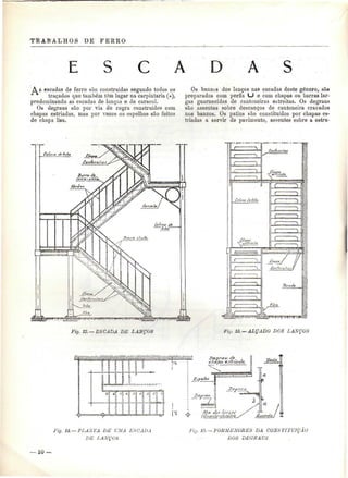 TRABALHOS DE FERRO 
E S C A A S 
Às escadas de ferro são construídas segundo todos os Os banzus dos lanços nas escadas deste género, sâa 
traçados que também têm lugar na carpintaria (#), preparados com perfis U e com chapas ou barras lar-predominando 
as escadas de lanços e de caracol. gás guarnecidas de cantoneiras estreitas. Os degraus 
Os degraus são por via de regra construídos com são assentes sobre descanços de cantoneira cravados 
cliapas estriadas, mas por vezes os espelhos são feitos nos banzos. Os patins são constituídos por chapas es-de 
chapa lisa. tríadas a servir de pavimento, assentes sobre a estru- 
Fig. 12.—ESCADA DE LANÇOS Fie. 13. —ALÇADO DOS LANÇOS 
P~T" P T " i, 
0 
T" 
PLAXTA DE UMA ESCADA 
DE LANÇOS 
tj. 15.— PORMENORES DA CONSTITUIÇÃO 
DOS DEGRAUS 
10 — 
 