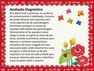 Avaliação Diagnóstica
Visa determinar a presença, ou ausência,
de conhecimentos e habilidades, inclusive
buscando detectar pré-requisitos para
novas experiências de aprendizagem.
Permitindo averiguar as causas de
repetidas dificuldades de aprendizagem.
Normalmente se faz quando o aluno
chega à escola, em geral no início do ano
letivo, durante as primeiras semanas para
observar e conhecer características
relevantes do aluno; chegada de novo
aluno para saber onde enturmá-lo e como
recuperar a falta de base ou de pré-
requisitos; no início de cada unidade para
provocar interesse pelo tema e identificar
o que já sabem sobre o assunto.
 