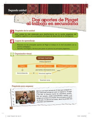 Pedagogía / Serie 1: Nuevos paradigmas educativos
Esta unidad ha sido elaborada para familiarizarte con la noción piagetana del
conﬂicto cognitivo y con su propuesta de etapas de desarrollo de la inteligencia.
Propósito de la unidad
• Relaciona los dos principales aportes de Piaget al trabajo en el nivel secundario con su
práctica pedagógica.
• Identiﬁca estrategias y técnicas para poner en práctica los principios piagetanos.
Logros de aprendizaje
Organizador visual
y
entre
enfatiza importancia
ENFOQUE PIAGETANO
Situaciones nuevas
Nivel de desarrollo de Estructuras cognitivas
María es una mujer peruana de 37 años que consiguió tra-
bajo elaborando prendas de vestir en Inglaterra. Al llegar
a ese país, le chocaron mucho las costumbres sociales.
Ella, por ejemplo, estaba acostumbrada a saludar a sus
amigas con un beso en la mejilla. Eso no le gusta a la gente
de ese país. Al cabo de tres meses, María ha perdido esta
costumbre casi totalmente.
Prepárate para empezar
Recoger saberes previos Promover conﬂicto cognitivoRespeto
del para facilitar reformulación de las
Foto:AlbertoLópez
10
Segunda unidad
Dos aportes de Piaget
al trabajo en secundaria
Z_Serie 1 Fasciculo 2 .indd Sec1:12Z_Serie 1 Fasciculo 2 .indd Sec1:12 7/31/07 12:53:20 PM7/31/07 12:53:20 PM
 