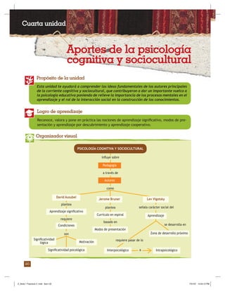 Pedagogía / Serie 1: Nuevos paradigmas educativos
20
Esta unidad te ayudará a comprender las ideas fundamentales de los autores principales
de la corriente cognitiva y sociocultural, que contribuyeron a dar un importante vuelco a
la psicología educativa poniendo de relieve la importancia de los procesos mentales en el
aprendizaje y el rol de la interacción social en la construcción de los conocimientos.
Propósito de la unidad
Reconoce, valora y pone en práctica las nociones de aprendizaje signiﬁcativo, modos de pre-
sentación y aprendizaje por descubrimiento y aprendizaje cooperativo.
Logro de aprendizaje
Organizador visual
inﬂuye sobre
a través de
como
plantea
requiere
son
plantea
basado en
señala carácter social del
PSICOLOGÍA COGNITIVA Y SOCIOCULTURAL
Pedagogía
Autores
Jerome Bruner
Modos de presentación
Currículo en espiral
Aprendizaje signiﬁcativo
Condiciones
David Ausubel
Signiﬁcatividad psicológica
Motivación
Signiﬁcatividad
lógica
Aprendizaje
Lev Vigotsky
Zona de desarrollo próximo
se desarrolla en
requiere pasar de lo
a IntrapsicológicoInterpsicológico
Cuarta unidad
Aportes de la psicología
cognitiva y sociocultural
Z_Serie 1 Fasciculo 2 .indd Sec1:22Z_Serie 1 Fasciculo 2 .indd Sec1:22 7/31/07 12:54:12 PM7/31/07 12:54:12 PM
 