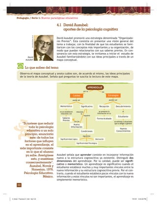 Pedagogía / Serie 1: Nuevos paradigmas educativos
22
4.1 David Ausubel:
aportes de la psicología cognitiva
Ausubel señala que aprender consiste en incorporar información
nueva a la estructura cognoscitiva ya existente. Distinguió dos
dimensiones del aprendizaje. Por la calidad, puede ser signiﬁ-
cativo o memorístico. Un aprendizaje es signiﬁcativo cuando el
estudiante establece muchos y muy importantes vínculos entre la
nueva información y su estructura cognoscitiva previa. Por el con-
trario, cuando el estudiante establece pocos vínculos con la nueva
información y estos vínculos no son importantes, el aprendizaje es
simplemente memorístico.
David Ausubel promovió una estrategia denominada “Organizado-
res Previos”. Esta consistía en presentar una visión general del
tema a trabajar, con la ﬁnalidad de que los estudiantes se fami-
liaricen con los conceptos más importantes y su organización, de
modo que puedan relacionarlos con sus saberes previos. En con-
sonancia con esta estrategia, te invitamos a iniciar el estudio de
Ausubel familiarizándote con sus ideas principales a través de un
mapa conceptual.
pueden ser
Estrategias
Estudiante
por su
no se establecen
relaciones con
requiere
se presenta la
información en su
se enfrenta a situaciones
que lo obligan a generar
sus
Descubrimiento
el
Nuevos
Conocimientos
Recepción
APRENDIZAJE
Forma Acabada
Calidad
puede ser
Saberes
Previos
Memorístico
siguientes
Signiﬁcatividad Psicológica
Condiciones
Signiﬁcatividad Lógica Motivación
Signiﬁcativo
relaciona
la
Nueva
Información
con los
“Si tuviese que reducir
toda la psicología
educativa a un solo
principio, enunciaría
este: de todos los
factores que influyen
en el aprendizaje, el
más importante consiste
en lo que el alumno
ya sabe. Averígüese
esto, y enséñese
consecuentemente”.
Ausubel, Novak y
Hanesian, 1978,
Psicología Educativa.
México.
Lo que sabes del tema
Observa el mapa conceptual y anota cuáles son, de acuerdo al mismo, las ideas principales
de la teoría de Ausubel. Señala qué preguntas te suscita la lectura de este mapa.
www.nietzscheana.com.ar
David
Ausubel
Z_Serie 1 Fasciculo 2 .indd Sec1:24Z_Serie 1 Fasciculo 2 .indd Sec1:24 7/31/07 12:54:20 PM7/31/07 12:54:20 PM
 