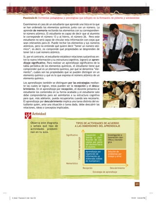 Fascículo 2: Corrientes pedagógicas y psicológicas que inﬂuyen en la formación de púberes y adolescentes
23
Examinemos el caso de un estudiante que aprende una lista en la que
se han ordenado los elementos químicos junto con un número. La
aprende de memoria recitando los elementos con su correspondien-
te número atómico. El estudiante es capaz de decir que al aluminio
le corresponde el número 13 y al hierro, el número 26. Pero este
estudiante no será capaz de vincular esta información con cosas que
sean relevantes para él. Puede recitar los elementos y sus números
atómicos, pero no entiende qué quiere decir “tener un número ató-
mico”, es decir, no comprende qué propiedades se desprenden de
tener tal o cual número atómico.
Si, por el contrario, el estudiante establece relaciones sustantivas en-
tre la nueva información y su estructura cognitiva, logrará un apren-
dizaje signiﬁcativo. Para realizar un aprendizaje signiﬁcativo de la
tabla periódica de los elementos químicos, el estudiante tiene que
comprender qué es un elemento químico, por qué se denomina “ele-
mento”, cuáles son las propiedades que se pueden distinguir en un
elemento químico y qué es lo que expresa el número atómico de un
elemento químico.
Los aprendizajes también se distinguen por las estrategias median-
te las cuales se logran, estas pueden ser la recepción y el descu-
brimiento. En el aprendizaje por recepción, el docente presenta al
estudiante los contenidos en su forma acabada y el estudiante solo
debe comprenderlos para así asimilarlos a su estructura cognitiva
para que, más adelante, pueda recuperarlos cuando sea necesario.
El aprendizaje por descubrimiento implica una tarea distinta del es-
tudiante quien, ante una situación o tarea dada, debe descubrir las
relaciones, ideas o conceptos implicados.
Actividad
ArchivoMinisteriodeEducaciónArchivoMinisteriodeEducación
TIPOS DE ACTIVIDADES DE ACUERDO
A LAS DIMENSIONES DEL APRENDIZAJE
Exposición de
teorías y clari-
ﬁcación de con-
ceptos por parte
del docente hacia
el alumno.
Aprendizaje por
repetición de
información ya
elaborada (tablas
de multiplicar)
Solución de
problemas por
ensayo y error
Investigación e
innovación cien-
tíﬁca y tecnoló-
gica
Signiﬁcativo
Memorístico
Calidaddelaprendizaje
Recepción Descubrimiento
Estrategia de aprendizaje
Observa este diagrama
y señala qué tipo de
actividades predomi-
nan en tu aula.
Z_Serie 1 Fasciculo 2 .indd Sec1:25Z_Serie 1 Fasciculo 2 .indd Sec1:25 7/31/07 12:54:22 PM7/31/07 12:54:22 PM
 
