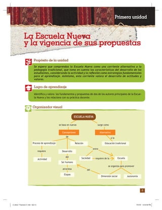 3
Se espera que comprendas la Escuela Nueva como una corriente alternativa a la
pedagogía tradicional, que toma en cuenta las características del desarrollo de los
estudiantes, considerando la actividad y la reﬂexión como estrategias fundamentales
para el aprendizaje. Asimismo, esta corriente valora el desarrollo de actitudes y
valores.
Propósito de la unidad
Identiﬁca y valora los fundamentos y propuestas de dos de los autores principales de la Escue-
la Nueva y los relaciona con su práctica docente.
Logro de aprendizaje
Organizador visual
se basa en nuevas surge como
de
requiere
del
atraviesa
entre
requiere de la
del
se organiza para promover
a la
ESCUELA NUEVA
Actividad
RelaciónProceso de aprendizaje
Ser humano
Etapas
Desarrollo
Escuela
Dimensión social Autonomía
Sociedad
Educación tradicional
Concepciones Alternativa
Primera unidad
La Escuela Nueva
y la vigencia de sus propuestas
Z_Serie 1 Fasciculo 2 .indd Sec1:5Z_Serie 1 Fasciculo 2 .indd Sec1:5 7/31/07 12:52:56 PM7/31/07 12:52:56 PM
 