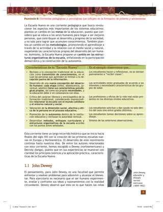 Fascículo 2: Corrientes pedagógicas y psicológicas que inﬂuyen en la formación de púberes y adolescentes
5
La Escuela Nueva es una corriente pedagógica que busca revolu-
cionar los aspectos más importantes de los sistemas educativos:
plantea un cambio en las metas de la educación, puesto que con-
sidera que se educa a los seres humanos para llegar a ser mejores
personas, que contribuyan al desarrollo y progreso de la sociedad,
y no solo para lograr que acumulen conocimientos. También plan-
tea un cambio en las metodologías, promoviendo el aprendizaje a
través de la actividad y la relación con el medio social y natural,
respetando las características propias del desarrollo del ser huma-
no. Asimismo, la Escuela Nueva propone un cambio en las estruc-
turas organizativas de la escuela, enfatizando en la participación
democrática y la construcción de la autonomía.
• Rechazo a la concepción tradicional de la educa-
ción como transmisión de conocimientos, en el
cual las personas que aprenden se limitan a la re-
cepción pasiva de la información.
• Desarrollo de una nueva concepción del desarro-
llo humano: cada etapa (niñez, adolescencia, ju-
ventud, adultez) tiene sus características psicoló-
gicas propias, así como sus propias necesidades, y
la educación debe ir en consonancia con ellas.
• Crítica del carácter libresco y enciclopédico de la
formación tradicional, considerando imprescindi-
ble relacionar la escuela con el mundo cotidiano
y el entorno natural y social.
• Valoración de la dimensión social, afectiva y éti-
ca de la persona en el proceso educativo.
• Promoción de la autonomía dentro de la institu-
ción educativa y rechazan la autoridad vertical.
• Desarrollan métodos, enfoques curriculares y
estructuras organizativas de la escuela acordes
con los puntos antes señalados.
Características de la “Escuela Nueva” En el ejemplo observamos que...
Los estudiantes hacen y reﬂexionan, no se sientan
pasivamente a “recibir clases”.
Las actividades están graduadas de acuerdo a los
intereses y necesidades característicos de los gru-
pos de edad.
Las profesiones y oﬁcios de la vida real están pre-
sentes en los diversos niveles educativos.
Los estudiantes solicitan y dan ayuda no solo den-
tro del aula sino entre grados distintos.
Los estudiantes toman decisiones sobre su apren-
dizaje.
Síntesis de las anteriores observaciones.
1.1 John Dewey
El pensamiento, para John Dewey, es una facultad que permite
enfrentar y resolver problemas para sobrevivir y alcanzar el bienes-
tar. Para ejercitarlo es necesario que el ser humano experimen-
te, evalúe y confronte sus ideas y razonamientos con la realidad
circundante. Dewey observó que esto es lo que hacen las niñas
Esta corriente tiene un largo recorrido histórico que se inicia hacia
ﬁnales del siglo XIX con la creación de las primeras escuelas nue-
vas en Europa y Norteamérica. El desarrollo de este movimiento
continúa hasta nuestros días. De entre los autores relacionados
con esta corriente, hemos escogido a Dewey (norteamericano) y
Decroly (belga), puesto que en sus experiencias se muestran con
claridad los principios teóricos y la aplicación práctica, caracterís-
ticas de la Escuela Nueva.
www.nndb.com
John Dewey,
educador y
ﬁlósofo
nortea-
mericano
(1859-1952)
Z_Serie 1 Fasciculo 2 .indd Sec1:7Z_Serie 1 Fasciculo 2 .indd Sec1:7 7/31/07 12:53:07 PM7/31/07 12:53:07 PM
 