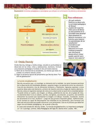 Fascículo 2: Corrientes pedagógicas y psicológicas que inﬂuyen en la formación de púberes y adolescentes
7
Para reflexionar
• ¿En qué contexto
histórico se desarrolla
la actividad pedagógica
de Dewey?
• ¿Cuánto de lo que has
leído acerca de Dewey
ya está presente en tu
actividad como docente?
• ¿Qué elementos te
gustaría incorporar a tu
práctica para mejorar
los aprendizajes de los
estudiantes?
• ¿Consideras que
la institución
educativa en la que
trabajas promueve
una convivencia
democrática? ¿Cómo
puedes aportar para
mejorar este aspecto?
de su
el
hace de las considera que la
debe organizarse como una
para promover
que aseguren
Profesiones y oﬁcios
JOHN DEWEY
Escuela
Eje Comunidad participativa
Propuesta pedagógica Relaciones sociales y afectivas
Convivencia democrática
1.2 Ovidio Decroly
La función de globalización
Decroly encuentra que, al investigar un elemento de la realidad, los seres humanos partimos
de la observación de totalidades globales, pasamos luego a la asociación entre las caracterís-
ticas de ese elemento y las de elementos similares y, ﬁnalmente, logramos expresar a otros
nuestras ideas sobre ese elemento, primero de manera concreta y luego de manera abstracta.
Decroly coloca el siguiente ejemplo de cómo en la observación se parte de la totalidad global:
“Cuando vemos un cuadro, una imagen, un dibujo, podemos de una vez, de un golpe de vista,
no solamente decir si es un caballo, una ﬂor, una iglesia, una estación, un puerto, sino también
interpretar los sucesos que representan la imagen o el dibujo: incendio, inundación, escena
de salvamento en el mar, etcétera”. Luego de esta primera impresión global, indiferenciada,
el ser humano es capaz de descomponer esa totalidad en sus elementos, para formarse una
idea más estructurada que puede comunicar a sus semejantes. Este es el proceso que deberían
seguir las actividades pedagógicas, de acuerdo a Decroly.
El texto está tomado de: Decroly, Ovidio, “La función de globalización y su importancia pedagógi-
ca”. En: Luzuriaga, Lorenzo, Ideas Pedagógicas del Siglo XX, Buenos Aires: Losada, 1961.
Ovidio Decroly, biólogo y médico belga, estudió en profundidad el
desarrollo de las niñas, niños y adolescentes. Asimismo, formuló
una propuesta pedagógica fundada en dos principios básicos:
1) Partir de los intereses de los estudiantes, los mismos que están vin-
culados a su entorno natural y social.
2) Seguir la secuencia natural del pensamiento que Decroly llama “fun-
ción de globalización”.
ArchivoMinisteriodeEducación
Z_Serie 1 Fasciculo 2 .indd Sec1:9Z_Serie 1 Fasciculo 2 .indd Sec1:9 8/10/07 10:53:40 PM8/10/07 10:53:40 PM
 