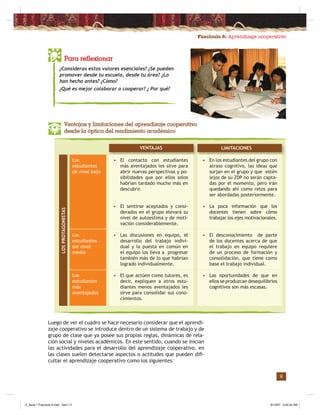 Fascículo 6: Aprendizaje cooperativo
9
Para reflexionar
¿Consideras estos valores esenciales? ¿Se pueden
promover desde tu escuela, desde tu área? ¿Lo
han hecho antes? ¿Cómo?
¿Qué es mejor colaborar o cooperar? ¿ Por qué?
VENTAJAS LIMITACIONES
Ventajas y limitaciones del aprendizaje cooperativo
desde la óptica del rendimiento académico
• En los estudiantes del grupo con
atraso cognitivo, las ideas que
surjan en el grupo y que estén
lejos de su ZDP no serán capta-
das por el momento, pero irán
quedando ahí como retos para
ser abordadas posteriormente.
• La poca información que los
docentes tienen sobre cómo
trabajar los ejes motivacionales.
• El desconocimiento de parte
de los docentes acerca de que
el trabajo en equipo requiere
de un proceso de formación y
consolidación, que tiene como
base el trabajo individual.
• Las oportunidades de que en
ellos se produzcan desequilibrios
cognitivos son más escasas.
• El contacto con estudiantes
más aventajados les sirve para
abrir nuevas perspectivas y po-
sibilidades que por ellos solos
habrían tardado mucho más en
descubrir.
• El sentirse aceptados y consi-
derados en el grupo elevará su
nivel de autoestima y de moti-
vación considerablemente.
• Las discusiones en equipo, el
desarrollo del trabajo indivi-
dual y la puesta en común en
el equipo los lleva a progresar
también más de lo que habrían
logrado individualmente.
• El que actúen como tutores, es
decir, expliquen a otros estu-
diantes menos aventajados les
sirve para consolidar sus cono-
cimientos.
Los
estudiantes
de nivel bajo
Los
estudiantes
del nivel
medio
Los
estudiantes
más
aventajados
Luego de ver el cuadro se hace necesario considerar que el aprendi-
zaje cooperativo se introduce dentro de un sistema de trabajo y de
grupo de clase que ya posee sus propias reglas, dinámicas de rela-
ción social y niveles académicos. En este sentido, cuando se inician
las actividades para el desarrollo del aprendizaje cooperativo, en
las clases suelen detectarse aspectos o actitudes que pueden diﬁ-
cultar el aprendizaje cooperativo como los siguientes:
LOSPROTAGONISTAS
Z_Serie 1 Fasciculo 6.indd Sec1:11Z_Serie 1 Fasciculo 6.indd Sec1:11 8/10/07 3:45:34 AM8/10/07 3:45:34 AM
 