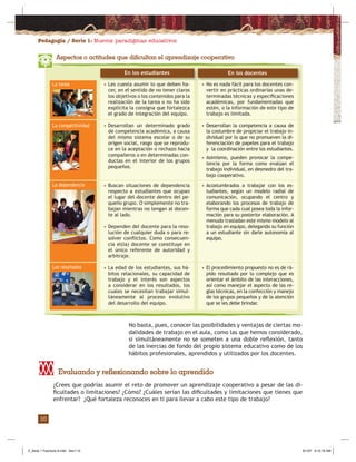 Pedagogía / Serie 1: Nuevos paradigmas educativos
10
En los estudiantes En los docentes
La tarea
La competitividad
La dependencia
Los resultados
No basta, pues, conocer las posibilidades y ventajas de ciertas mo-
dalidades de trabajo en el aula, como las que hemos considerado,
si simultáneamente no se someten a una doble reﬂexión, tanto
de las inercias de fondo del propio sistema educativo como de los
hábitos profesionales, aprendidos y utilizados por los docentes.
Aspectos o actitudes que dificultan el aprendizaje cooperativo
¿Crees que podrías asumir el reto de promover un aprendizaje cooperativo a pesar de las di-
ﬁcultades o limitaciones? ¿Cómo? ¿Cuáles serían las diﬁcultades y limitaciones que tienes que
enfrentar? ¿Qué fortaleza reconoces en ti para llevar a cabo este tipo de trabajo?
Evaluando y reflexionando sobre lo aprendido
• No es nada fácil para los docentes con-
vertir en prácticas ordinarias unas de-
terminadas técnicas y especiﬁcaciones
académicas, por fundamentadas que
estén, o la información de este tipo de
trabajo es limitada.
• Desarrollan la competencia a causa de
la costumbre de propiciar el trabajo in-
dividual por lo que no promueven la di-
ferenciación de papeles para el trabajo
y la coordinación entre los estudiantes.
• Asimismo, pueden provocar la compe-
tencia por la forma como evalúan el
trabajo individual, en desmedro del tra-
bajo cooperativo.
• Acostumbrados a trabajar con los es-
tudiantes, según un modelo radial de
comunicación, ocupando el centro y
elaborando los procesos de trabajo de
forma que cada cual posea toda la infor-
mación para su posterior elaboración. A
menudo trasladan este mismo modelo al
trabajo en equipo, delegando su función
a un estudiante sin darle autonomía al
equipo.
• El procedimiento propuesto no es de rá-
pido resultado por lo complejo que es
orientar el ámbito de las interacciones,
así como manejar el aspecto de las re-
glas técnicas, en la confección y manejo
de los grupos pequeños y de la atención
que se les debe brindar.
• Les cuesta asumir lo que deben ha-
cer, en el sentido de no tener claros
los objetivos o los contenidos para la
realización de la tarea o no ha sido
explícita la consigna que fortalezca
el grado de integración del equipo.
• Desarrollan un determinado grado
de competencia académica, a causa
del mismo sistema escolar o de su
origen social, rasgo que se reprodu-
ce en la aceptación o rechazo hacia
compañeros o en determinadas con-
ductas en el interior de los grupos
pequeños.
• Buscan situaciones de dependencia
respecto a estudiantes que ocupan
el lugar del docente dentro del pe-
queño grupo. O simplemente no tra-
bajan mientras no tengan al docen-
te al lado.
• Dependen del docente para la reso-
lución de cualquier duda o para re-
solver conﬂictos. Como consecuen-
cia el(la) docente se constituye en
el único referente de autoridad y
arbitraje.
• La edad de los estudiantes, sus há-
bitos relacionales, su capacidad de
trabajo y el interés son aspectos
a considerar en los resultados, los
cuales se necesitan trabajar simul-
táneamente al proceso evolutivo
del desarrollo del equipo.
Z_Serie 1 Fasciculo 6.indd Sec1:12Z_Serie 1 Fasciculo 6.indd Sec1:12 8/1/07 9:10:18 AM8/1/07 9:10:18 AM
 
