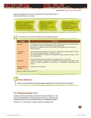 Fascículo 6: Aprendizaje cooperativo
19
Algunas consideraciones para la aplicación de este método que el
docente debe tomar en cuenta:
Estimular la interdependencia
positiva para que cada
miembro del equipo tome
conciencia de que su trabajo
está unido al de los demás.
Promover la interacción,
explicando, apoyando,
colaborando,
constantemente los unos
con los otros.
Propiciar la práctica
frecuente de habilidades
para el trabajo
coordinado, desarrollando
habilidades sociales.
Acciones
Las etapas y acciones del método aprendiendo juntos
Introducción de la clase. Establecimiento de la meta (puede ser con ﬁchas de traba-
jo). Plantear el tema o el problema de manera sugerente.
Explicación y modelización de los contenidos (dar ejemplos de cómo hacerlo).
Práctica guiada.
Todo el grupo pasa a trabajar en equipos de aprendizaje, desarrollando la interac-
ción y la interdependencia para el logro de la meta.
Los equipos pueden ser de dos a seis integrantes, según contenido, espacio, mobi-
liario y materiales.
Se desarrolla durante todo el proceso: acompañamiento y monitoreo.
Entrega de trabajos y productos, la evaluación será personal y de equipo, refor-
zando los valores del diálogo, la convivencia y la solidaridad. Autoevaluación del
equipo.
Aumento en la motivación.
La tarea
Transición a
equipos
Evaluación
Reconocimiento
de logros
Etapas
Adaptado de Eggen y Kauchak, 1999: 309.
Para reflexionar
¿Usarías este método? ¿Con qué propósito especíﬁco en tu área? ¿Cómo lo usarías?
3.2 Rompecabezas I y II
Al igual que otras estrategias cooperativas de aprendizaje, el mé-
todo del rompecabezas (puzzles, jigsaw) deriva su eﬁciencia del
compromiso activo de los estudiantes en el trabajo de equipo.
Revisemos, a continuación, algunos aspectos comparativos.
Z_Serie 1 Fasciculo 6.indd Sec1:21Z_Serie 1 Fasciculo 6.indd Sec1:21 8/1/07 9:11:40 AM8/1/07 9:11:40 AM
 