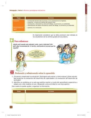 Pedagogía / Serie 1: Nuevos paradigmas educativos
24
Es importante considerar que se debe promover este método en
los estudiantes de los últimos grados de secundaria.
Para reflexionar
¿Quién está usando este método? ¿Julia, Juan o Gabriela? ¿Por
qué? ¿Qué recomendación le harías, analizando el proceso que ha
seguido?
1. ¿Te parece complicada la evaluación? ¿Distingues qué evaluar y cómo evaluar? ¿Estas estrate-
gias propician la evaluación del desarrollo de capacidades o la evaluación del desarrollo de
actitudes?
2. Identiﬁca un problema en tu aula que podrías resolver a través del aprendizaje cooperativo y
adapta uno o dos modelos en uno. (Responde a esta actividad en una hoja aparte).
Este cuadro te puede ayudar a organizar la información.
Evaluando y reflexionando sobre lo aprendido
AccionesEtapa
Acciones
• Se desarrolla durante todo el proceso y es la constatación de la hipótesis.
• Evaluación a través de la defensa del producto ﬁnal.
• Coevaluación, reforzando los valores del diálogo, la convivencia y la solidaridad.
• Autoevaluación del equipo reforzando los valores del diálogo, la convivencia y la solidaridad.
• Aumento en la motivación.
Evaluación
Reconocimiento de
logros
Etapa
¿Usarías
este método? ¿Con
qué propósito especíﬁco en
tu área? ¿Cómo lo usarías?
Descríbelo.
Z_Serie 1 Fasciculo 6.indd Sec1:26Z_Serie 1 Fasciculo 6.indd Sec1:26 8/1/07 9:11:53 AM8/1/07 9:11:53 AM
 