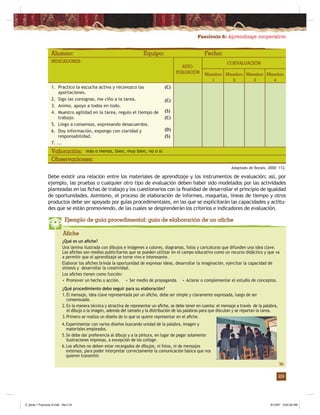Fascículo 6: Aprendizaje cooperativo
29
INDICADORES
Miembro
4
Alumno: Equipo: Fecha:
1. Practico la escucha activa y reconozco las
aportaciones.
2. Sigo las consignas, me ciño a la tarea.
3. Animo, apoyo a todos en todo.
4. Muestro agilidad en la tarea, regulo el tiempo de
trabajo.
5. Llego a consensos, expresando desacuerdos.
6. Doy información, expongo con claridad y
responsabilidad.
7. ...
Miembro
3
Miembro
2
Miembro
1
AUTO-
EVALUACIÓN
COEVALUACIÓN
(C)
(C)
(S)
(C)
(D)
(S)
Adaptado de Bonals, 2000: 112.
Debe existir una relación entre los materiales de aprendizaje y los instrumentos de evaluación; así, por
ejemplo, las pruebas o cualquier otro tipo de evaluación deben haber sido modelados por las actividades
planteadas en las ﬁchas de trabajo y los cuestionarios con la ﬁnalidad de desarrollar el principio de igualdad
de oportunidades. Asimismo, el proceso de elaboración de informes, maquetas, líneas de tiempo y otros
productos debe ser apoyado por guías procedimentales, en las que se explicitarán las capacidades y actitu-
des que se están promoviendo, de las cuales se desprenderán los criterios e indicadores de evaluación.
Ejemplo de guía procedimental: guía de elaboración de un afiche
¿Qué es un aﬁche?
Una lámina ilustrada con dibujos e imágenes a colores, diagramas, fotos y caricaturas que difunden una idea clave.
Los aﬁches son medios publicitarios que se pueden utilizar en el campo educativo como un recurso didáctico y que va
a permitir que el aprendizaje se torne vivo e interesante.
Elaborar los aﬁches brinda la oportunidad de expresar ideas, desarrollar la imaginación, ejercitar la capacidad de
síntesis y desarrollar la creatividad.
Los aﬁches tienen como función:
• Promover un hecho o acción. • Ser medio de propaganda. • Aclarar o complementar el estudio de conceptos.
Valoración: más o menos, bien, muy bien, no o sí.
Observaciones:
¿Qué procedimiento debo seguir para su elaboración?
1.El mensaje, idea clave representada por un aﬁche, debe ser simple y claramente expresada, luego de ser
consensuada.
2.En la manera técnica y atractiva de representar un aﬁche, se debe tener en cuenta: el mensaje a través de la palabra,
el dibujo o la imagen, además del tamaño y la distribución de las palabras para que discutan y se repartan la tarea.
3.Primero se realiza un diseño de lo que se quiere representar en el aﬁche.
4.Experimentar con varios diseños buscando unidad de la palabra, imagen y
materiales empleados.
5.Se debe dar preferencia al dibujo y a la pintura, en lugar de pegar solamente
ilustraciones impresas, a excepción de los collage.
6.Los aﬁches no deben estar recargados de dibujos, ni fotos, ni de mensajes
extensos, para poder interpretar correctamente la comunicación básica que nos
quieren transmitir.
Afiche
Z_Serie 1 Fasciculo 6.indd Sec1:31Z_Serie 1 Fasciculo 6.indd Sec1:31 8/10/07 3:54:30 AM8/10/07 3:54:30 AM
 