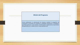 Misión del Programa



Formar profesionales en administración de empresas mediante la autogestión del
conocimiento, la formación de competencia y habilidades disciplinarias e investigativas,
para liderar, gerenciar y crear empresas, transformando las organizaciones empresariales,
distinguiéndose por su calidad humana y responsabilidad social.
 