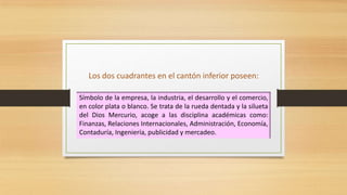 Los dos cuadrantes en el cantón inferior poseen:

Símbolo de la empresa, la industria, el desarrollo y el comercio,
en color plata o blanco. Se trata de la rueda dentada y la silueta
del Dios Mercurio, acoge a las disciplina académicas como:
Finanzas, Relaciones Internacionales, Administración, Economía,
Contaduría, Ingeniería, publicidad y mercadeo.
 