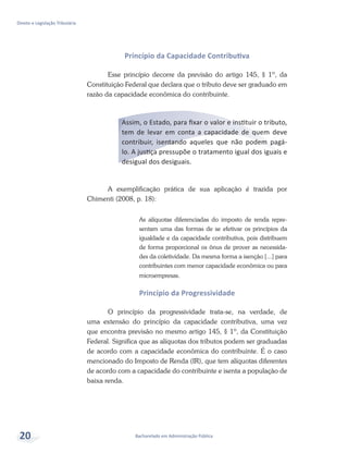 Bacharelado em Administração Pública
Direito e Legislação Tributária
20
Princípio da Capacidade Contributiva
Esse princípio decorre da previsão do artigo 145, § 1º, da
Constituição Federal que declara que o tributo deve ser graduado em
razão da capacidade econômica do contribuinte.
Assim, o Estado, para fixar o valor e instituir o tributo,
tem de levar em conta a capacidade de quem deve
contribuir, isentando aqueles que não podem pagá-
lo. A justiça pressupõe o tratamento igual dos iguais e
desigual dos desiguais.
A exemplificação prática de sua aplicação é trazida por
Chimenti (2008, p. 18):
As alíquotas diferenciadas do imposto de renda repre-
sentam uma das formas de se efetivar os princípios da
igualdade e da capacidade contributiva, pois distribuem
de forma proporcional os ônus de prover as necessida-
des da coletividade. Da mesma forma a isenção [...] para
contribuintes com menor capacidade econômica ou para
microempresas.
Princípio da Progressividade
O princípio da progressividade trata-se, na verdade, de
uma extensão do princípio da capacidade contributiva, uma vez
que encontra previsão no mesmo artigo 145, § 1º, da Constituição
Federal. Significa que as alíquotas dos tributos podem ser graduadas
de acordo com a capacidade econômica do contribuinte. É o caso
mencionado do Imposto de Renda (IR), que tem alíquotas diferentes
de acordo com a capacidade do contribuinte e isenta a população de
baixa renda.
 