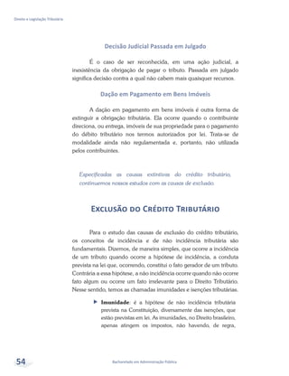 Bacharelado em Administração Pública
Direito e Legislação Tributária
54
Decisão Judicial Passada em Julgado
É o caso de ser reconhecida, em uma ação judicial, a
inexistência da obrigação de pagar o tributo. Passada em julgado
significa decisão contra a qual não cabem mais quaisquer recursos.
Dação em Pagamento em Bens Imóveis
A dação em pagamento em bens imóveis é outra forma de
extinguir a obrigação tributária. Ela ocorre quando o contribuinte
direciona, ou entrega, imóveis de sua propriedade para o pagamento
do débito tributário nos termos autorizados por lei. Trata-se de
modalidade ainda não regulamentada e, portanto, não utilizada
pelos contribuintes.
Especificadas as causas extintivas do crédito tributário,
continuemos nossos estudos com as causas de exclusão.
Exclusão do Crédito Tributário
Para o estudo das causas de exclusão do crédito tributário,
os conceitos de incidência e de não incidência tributária são
fundamentais. Dizemos, de maneira simples, que ocorre a incidência
de um tributo quando ocorre a hipótese de incidência, a conduta
prevista na lei que, ocorrendo, constitui o fato gerador de um tributo.
Contrária a essa hipótese, a não incidência ocorre quando não ocorre
fato algum ou ocorre um fato irrelevante para o Direito Tributário.
Nesse sentido, temos as chamadas imunidades e isenções tributárias.
ff Imunidade: é a hipótese de não incidência tributária
prevista na Constituição, diversamente das isenções, que
estão previstas em lei. As imunidades, no Direito brasileiro,
apenas atingem os impostos, não havendo, de regra,
 