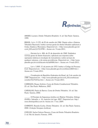 ¨
Bacharelado em Administração Pública
Direito e Legislação Tributária
70
Referências
AMARO, Luciano. Direito Tributário Brasileiro. 4. ed. São Paulo: Saraiva,
1999.
BRASIL. Lei n. 5.172, de 25 de outubro de 1966. Dispõe sobre o Sistema
Tributário Nacional e institui normas gerais de direito tributário aplicáveis à
União, Estados e Municípios. Disponível em: <http://www.planalto.gov.br/
ccivil_03/Leis/L5172.HTM>. Acesso em: 9 maio 2011.
______. Decreto-Lei n. 406, de 31 de dezembro de 1968. Estabelece
normas gerais de direito financeiro, aplicáveis aos impostos sobre
operações relativas à circulação de mercadorias e sobre serviços de
qualquer natureza, e dá outras providências. Disponível em: <http://www.
planalto.gov.br/ccivil/decreto-lei/del0406.htm>. Acesso em: 9 maio 2011.
______. Lei n. 5.869, 11 de janeiro de 1973. Institui o Código de Processo
Civil. Disponível em: <http://www.planalto.gov.br/ccivil/leis/L5869.htm>.
Acesso em: 9 maio 2011.
______. Constituição da República Federativa do Brasil, de 5 de outubro de
1988. Disponível em: <http://www.planalto.gov.br/ccivil_03/constituicao/
constitui%C3%A7ao.htm>. Acesso em: 9 maio 2011.
CARRAZZA, Roque Antônio. Curso de Direito Constitucional Tributário.
23. ed. São Paulo: Malheiros, 2007.
CARVALHO, Paulo de Barros. Curso de Direito Tributário. 14. ed. São
Paulo: Saraiva, 2002.
______. O Princípio da Segurança Jurídica em Matéria Tributária. Diálogo
Jurídico, Salvador, n. 16, maio/jun./jul./ago. 2007. Disponível em: http://
www.direitopublico.com.br. Acesso em: 7 nov. 2009.
CHIMENTI, Ricardo Cunha. Direito Tributário. 12. ed. São Paulo: Saraiva,
2008. (Coleção Sinopses Jurídicas).
COELHO, Sacha Calmon Navarro. Curso de Direito Tributário Brasileiro.
3. ed. Rio de Janeiro: Forense, 1999.
 