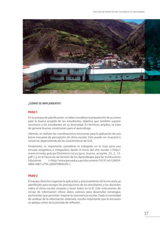 Fascículo de Gestión Escolar Centrada en los Aprendizajes
37
¿CÓMO SE IMPLEMENTA?
PASO 1
En la semana de planificación, se debe considerar la preparación de acciones
para la buena acogida de los estudiantes, objetivo que también supone
reconocer a los estudiantes en su diversidad. En términos amplios, se trata
de generar buenas condiciones para el aprendizaje.
Además, se realizan las coordinaciones necesarias para la aplicación de una
breve encuesta de percepción de clima escolar. Esta puede ser muestral o
universal, dependiendo de las características de la IE.
Finalmente, es importante considerar lo trabajado en la Guía para una
escuela acogedora e integradora desde el inicio del año escolar (<http://
www.minedu.gob.pe/DeInteres/xtras/guia_buena_acogida_25_2_13.
pdf>) y en el Fascículo de Gestión de los Aprendizajes para las Instituciones
Educativas (<http://www.perueduca.pe/documents/10191/a512d434-
4866-4d67-a795-2d0d709b9c69>).
PASO 2
El equipo directivo organiza la aplicación y procesamiento de la encuesta ya
planificada para recoger las percepciones de los estudiantes y los docentes
sobre el clima escolar (respeto y buen trato) en la IE. Este instrumento de
recojo de información ofrece datos valiosos para desarrollar estrategias
pertinentes que permitan mejorar la convivencia escolar. Dada la necesidad
de analizar de la información obtenida, resulta importante que la encuesta
se aplique antes de la jornada de reflexión.
 