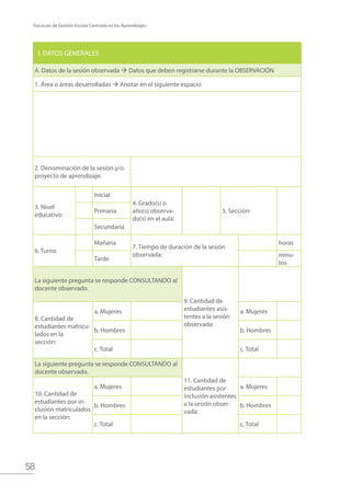58
Fascículo de Gestión Escolar Centrada en los Aprendizajes
I. DATOS GENERALES
A. Datos de la sesión observada  Datos que deben registrarse durante la OBSERVACIÓN
1. Área o áreas desarrolladas  Anotar en el siguiente espacio
2. Denominación de la sesión y/o
proyecto de aprendizaje:
3. Nivel
educativo:
Inicial
4. Grado(s) o
año(s) observa-
do(s) en el aula:
5. Sección:Primaria
Secundaria
6. Turno
Mañana
7. Tiempo de duración de la sesión
observada:
horas
Tarde
minu-
tos
La siguiente pregunta se responde CONSULTANDO al
docente observado.
9. Cantidad de
estudiantes asis-
tentes a la sesión
observada:
8. Cantidad de
estudiantes matricu-
lados en la
sección:
a. Mujeres a. Mujeres
b. Hombres b. Hombres
c. Total c. Total
La siguiente pregunta se responde CONSULTANDO al
docente observado.
11. Cantidad de
estudiantes por
inclusión asistentes
a la sesión obser-
vada:
10. Cantidad de
estudiantes por in-
clusión matriculados
en la sección:
a. Mujeres a. Mujeres
b. Hombres b. Hombres
c. Total c. Total
 