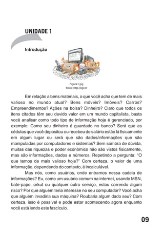 UNIDADE 1

       Introdução




                               Figura1.jpg
                            fonte: http://cgi.br


        Em relação a bens materiais, o que você acha que tem de mais
valioso no mundo atual? Bens móveis? Imóveis? Carros?
Empreendimentos? Ações na bolsa? Dinheiro? Claro que todos os
itens citados têm seu devido valor em um mundo capitalista, basta
você analisar como todo tipo de informação hoje é gerenciado, por
exemplo: Como seu dinheiro é guardado no banco? Será que as
cédulas que você depositou ou recebeu de salário estão lá fisicamente
em algum lugar ou será que são dados/informações que são
manipuladas por computadores e sistemas? Sem sombra de dúvida,
muitas das riquezas e poder econômico não são vistos fisicamente,
mas são informações, dados e números. Repetindo a pergunta: “O
que temos de mais valioso hoje?” Com certeza, o valor de uma
informação, dependendo do contexto, é incalculável.
        Mas nós, como usuários, onde entramos nessa cadeia de
informações? Eu, como um usuário comum na internet, usando MSN,
bate-papo, orkut ou qualquer outro serviço, estou correndo algum
risco? Por que alguém teria interesse no seu computador? Você acha
que alguém invadiria sua máquina? Roubaria algum dado seu? Com
certeza, isso é possível e pode estar acontecendo agora enquanto
você está lendo este fascículo.

                                                                    09
 