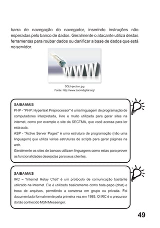 barra de navegação do navegador, inserindo instruções não
esperadas pelo banco de dados. Geralmente o atacante utiliza destas
ferramentas para roubar dados ou danificar a base de dados que está
no servidor.




                                    SQLInjection.jpg
                           Fonte: http://www.zoomdigital.org/




 SAIBA MAIS
 PHP - "PHP: Hypertext Preprocessor" é uma linguagem de programação de
 computadores interpretada, livre e muito utilizada para gerar sites na
 internet, como por exemplo o site da SECTMA, que você acessa para ler
 esta aula.
 ASP - "Active Server Pages" é uma estrutura de programação (não uma
 linguagem) que utiliza várias estruturas de scripts para gerar páginas na
 web.
 Geralmente os sites de bancos utilizam linguagens como estas para prover
 as funcionalidades desejadas para seus clientes.




 SAIBA MAIS
 IRC – “Internet Relay Chat” é um protocolo de comunicação bastante
 utilizado na Internet. Ele é utilizado basicamente como bate-papo (chat) e
 troca de arquivos, permitindo a conversa em grupo ou privada. Foi
 documentado formalmente pela primeira vez em 1993. O IRC é o precursor
 do tão conhecido MSN Messenger.


                                                                              49
 