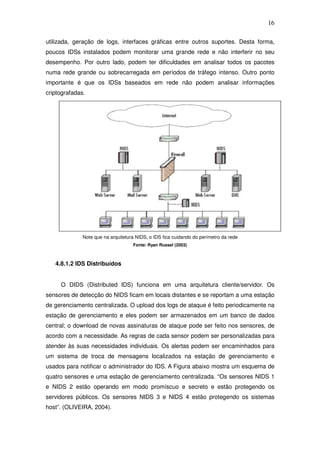 16

utilizada, geração de logs, interfaces gráficas entre outros suportes. Desta forma,
poucos IDSs instalados podem monitorar uma grande rede e não interferir no seu
desempenho. Por outro lado, podem ter dificuldades em analisar todos os pacotes
numa rede grande ou sobrecarregada em períodos de tráfego intenso. Outro ponto
importante é que os IDSs baseados em rede não podem analisar informações
criptografadas.




              Note que na arquitetura NIDS, o IDS fica cuidando do perímetro da rede
                                    Fonte: Ryan Russel (2003)



   4.8.1.2 IDS Distribuídos


     O DIDS (Distributed IDS) funciona em uma arquitetura cliente/servidor. Os
sensores de detecção do NIDS ficam em locais distantes e se reportam a uma estação
de gerenciamento centralizada. O upload dos logs de ataque é feito periodicamente na
estação de gerenciamento e eles podem ser armazenados em um banco de dados
central; o download de novas assinaturas de ataque pode ser feito nos sensores, de
acordo com a necessidade. As regras de cada sensor podem ser personalizadas para
atender às suas necessidades individuais. Os alertas podem ser encaminhados para
um sistema de troca de mensagens localizados na estação de gerenciamento e
usados para notificar o administrador do IDS. A Figura abaixo mostra um esquema de
quatro sensores e uma estação de gerenciamento centralizada. “Os sensores NIDS 1
e NIDS 2 estão operando em modo promíscuo e secreto e estão protegendo os
servidores públicos. Os sensores NIDS 3 e NIDS 4 estão protegendo os sistemas
host”. (OLIVEIRA, 2004).
 