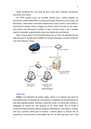 9

    Esses servidores têm uma série de usos, como filtrar conteúdo, providenciar
anonimato, entre outros.
    Um HTTP caching proxy, por exemplo, permite que o cliente requisite um
documento na World Wide Web e o proxy procura pelo documento em seu cache. Se
encontrado, o documento é retornado imediatamente. Caso contrário, o proxy busca o
documento no servidor remoto, entrega-o ao cliente e salva uma cópia no seu cache.
Isso permite uma diminuição na latência, já que o servidor proxy, e não o servidor
original, é acessado, proporcionando ainda uma redução do uso de banda.
    Veja na figura abaixo o funcionamento básico de um Proxy. As estações de uma
rede local com IP de rede local (inválidos na internet) acessando a internet através de
uma única máquina, o Proxy.




                                      Fonte: linux-tip.net



    Saiba mais:
    Cache é um dispositivo de acesso rápido, interno a um sistema, que serve de
intermediário entre um operador de um processo e o dispositivo de armazenamento ao
qual esse operador acesse. Podemos e devemos utilizar um Cache para melhorar a
navegação na internet em uma empresa ou em redes locais. Pois a função é
armazenar temporariamente arquivos e páginas acessadas em uma máquina, fazendo
com que o próximo cliente que for acessar a mesma página ou arquivo não vá
novamente à internet buscar a informação mas sim na rede local que é bem mais
 