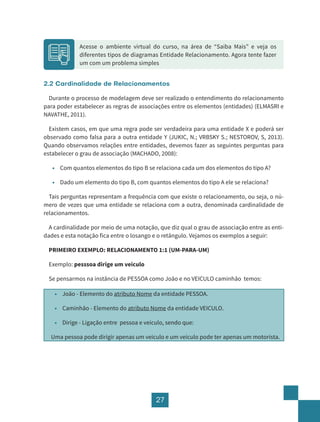 27
Acesse o ambiente virtual do curso, na área de “Saiba Mais” e veja os
diferentes tipos de diagramas Entidade Relacionamento. Agora tente fazer
um com um problema simples
2.2 Cardinalidade de Relacionamentos
Durante o processo de modelagem deve ser realizado o entendimento do relacionamento
para poder estabelecer as regras de associações entre os elementos (entidades) (ELMASRI e
NAVATHE, 2011).
Existem casos, em que uma regra pode ser verdadeira para uma entidade X e poderá ser
observado como falsa para a outra entidade Y (JUKIC, N.; VRBSKY S.; NESTOROV, S, 2013).
Quando observamos relações entre entidades, devemos fazer as seguintes perguntas para
estabelecer o grau de associação (MACHADO, 2008):
• Com quantos elementos do tipo B se relaciona cada um dos elementos do tipo A?
• Dado um elemento do tipo B, com quantos elementos do tipo A ele se relaciona?
Tais perguntas representam a frequência com que existe o relacionamento, ou seja, o nú-
mero de vezes que uma entidade se relaciona com a outra, denominada cardinalidade de
relacionamentos.
A cardinalidade por meio de uma notação, que diz qual o grau de associação entre as enti-
dades e esta notação fica entre o losango e o retângulo. Vejamos os exemplos a seguir:
PRIMEIRO EXEMPLO: RELACIONAMENTO 1:1 (UM-PARA-UM)
Exemplo: pesssoa dirige um veiculo
Se pensarmos na instância de PESSOA como João e no VEICULO caminhão temos:
• João - Elemento do atributo Nome da entidade PESSOA.
• Caminhão - Elemento do atributo Nome da entidade VEICULO.
• Dirige - Ligação entre pessoa e veiculo, sendo que:
Uma pessoa pode dirigir apenas um veiculo e um veiculo pode ter apenas um motorista.
 