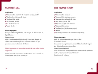 MAIONESE DE SOJA                                                                            BOLO DOURADO DE FUBÁ

Ingredientes
 ngr dient
         ntes                                                                               Ingredientes
                                                                                             ngr dient
                                                                                                     ntes
   1 xícara (chá) de extrato de soja (leite de soja) gelado*                                   1 xícara (chá) de açúcar
   1 colher (sopa) de suco de limão                                                            1 xícara (chá) de açúcar mascavo
   1 colher (chá) de sal                                                                       1 xícara (chá) de farinha de trigo
   06 azeitonas picadas                                                                        1 ½ xícara (chá) de leite
   ¼ de cebolas picadas                                                                        2 xícaras (chá) de fubá mimoso
   azeite de oliva                                                                             1 xícara (chá) de óleo
                                                                                               1 colher (sopa) de fermento em pó
        de pr paro:
Mo do de preparo:                                                                              4 ovos
Coloque todos os ingredientes, com exceção do óleo no copo do                                  1 colher (sobremesa) de sementes de erva doce
liqüidificador.
Bata a mistura;                                                                             Mo do de preparo:
                                                                                                   de pr paro:
Com o liqüidificador ligado, adicione o óleo bem devagar no                                 Bater no liqüidificador o açúcar, leite e o óleo.
centro da massa até atingir uma consistência firme ou seja,                                 Acrescentar os ovos.
quando ocorre o fechamento do “furo”.                                                       Colocar em uma tigela e acrescentar o fubá, a farinha de trigo e
                                                                                            por último o fermento e a erva doce.
Obs: o azeite pode ser substituído por óleo de soja, milho, canola                          Mexer bem com a colher.
ou girassol.                                                                                Assar em assadeira retangular tamanho médio, untada, em forno
*O “leite” de soja se faz misturando água a 2 colheres de sopa cheias de extrato de soja.
                                                                                            médio, por aproximadamente 45 minutos.
O volume final do “leite” deve dar 1 xícara de chá.                                         Rendimento 20 pedaços.




30                                                                                                                                                       31
 