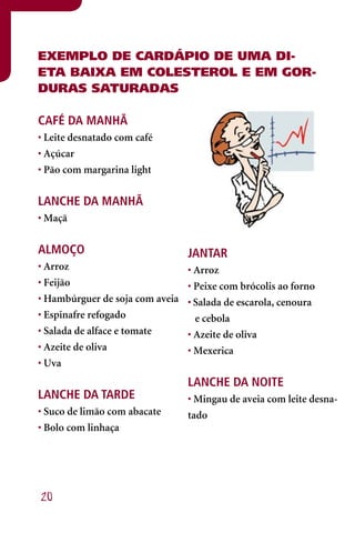 EXEMPLO DE CARDÁPIO DE UMA DI-
ETA BAIXA EM COLESTEROL E EM GOR-
DURAS SATURADAS

CAFÉ DA MANHÃ
• Leite desnatado com café
• Açúcar
• Pão com margarina light


LANCHE DA MANHÃ
• Maçã


ALMOÇO                           JANTAR
• Arroz                          • Arroz
• Feijão                         • Peixe com brócolis ao forno
• Hambúrguer de soja com aveia   • Salada de escarola, cenoura
• Espinafre refogado               e cebola
• Salada de alface e tomate      • Azeite de oliva
• Azeite de oliva                • Mexerica
• Uva
                                 LANCHE DA NOITE
LANCHE DA TARDE                  • Mingau de aveia com leite desna-
• Suco de limão com abacate      tado
• Bolo com linhaça




20
 