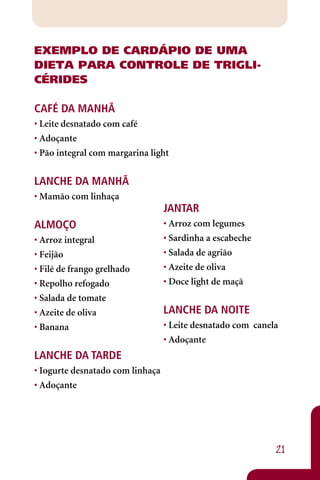 EXEMPLO DE CARDÁPIO DE UMA
DIETA PARA CONTROLE DE TRIGLI-
CÉRIDES

CAFÉ DA MANHÃ
• Leite desnatado com café
• Adoçante
• Pão integral com margarina light


LANCHE DA MANHÃ
• Mamão com linhaça
                                  JANTAR
ALMOÇO                            • Arroz com legumes
• Arroz integral                  • Sardinha a escabeche
• Feijão                          • Salada de agrião
• Filé de frango grelhado         • Azeite de oliva
• Repolho refogado                • Doce light de maçã
• Salada de tomate
• Azeite de oliva                 LANCHE DA NOITE
• Banana                          • Leite desnatado com canela
                                  • Adoçante
LANCHE DA TARDE
• Iogurte desnatado com linhaça
• Adoçante




                                                             21
 