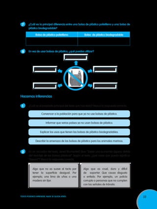 7 	 ¿Cuál es la principal diferencia entre una bolsa de plástico polietileno y una bolsa de
plástico biodegradable?

Bolsa de plástico polietileno

Bolsa de plástico biodegradable

8 	 En vez de usar bolsas de plástico, ¿qué puedes utilizar?

Hacemos inferencias
1 	 ¿Cuál es el propósito principal del texto que has leído? Marca la respuesta correcta.
Convencer a la población para que ya no use bolsas de plástico.
Informar que varios países ya no usan bolsas de plástico.
Explicar los usos que tienen las bolsas de plástico biodegradables.
Describir la amenaza de las bolsas de plástico para los animales marinos.

2 	 En un recuadro del texto, Jared Blumenfeld dice: “Existe una economía áspera detrás
del reciclaje de las bolsas plásticas”. Según el texto, ¿qué crees que pueda significar
“áspera”? Marca la respuesta correcta.
Algo que no es suave al tacto por
tener la superficie desigual. Por
ejemplo, una lima de uñas o una
madera sin lijar.

TODOS PODEMOS APRENDER, NADIE SE QUEDA ATRÁS

Algo que es cruel, duro y difícil
de soportar. Que causa disgusto
o enfado. Por ejemplo, un policía
corrupto o personas que no cumplen
con las señales de tránsito.

59

 