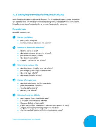 3.2.3	 Estrategias para analizar la situación comunicativa

Antes de iniciar el proceso propiamente de redacción, es importante analizar las circunstancias
que rodean al texto, con el fin de producir escritos apropiados para cada situación comunicativa.
Para ello, conviene que los estudiantes se formulen las siguientes preguntas:

El cuestionario
Podemos utilizarlo para:

 1 	 Precisar los objetivos.
         	 ¿Qué quiero conseguir?
         	 ¿Cómo quiero que reaccionen mis lectores?

 2 	 Identificar la audiencia o destinatario.
         	   ¿Quiénes leerán el texto?
         	   ¿Qué saben estas personas sobre el tema?
         	   ¿Qué impacto quiero causarles?
         	   ¿Qué debería explicarles?
         	   ¿Cuándo y cómo van a leer el texto?

 3 	 Determinar el punto de vista.
         	   ¿Qué tipo de relación debo tener con el lector?
         	   ¿Qué imagen quiero proyectar en el escrito?
         	   ¿Qué tono voy a adoptar?
         	   ¿Qué saben de mí los lectores?

 4 	 Precisar la forma del texto.
         	   ¿Qué tipo de texto será el más conveniente?
         	   ¿Será un texto breve o extenso?
         	   ¿Cuántas partes tendrá?
         	   ¿Qué lenguaje utilizaré?

 5 	 Delimitar el contenido del texto.
         	   ¿Qué aspectos debe desarrollar el texto?
         	   ¿Conozco lo suficiente sobre el tema?
         	   ¿Dispongo de toda la bibliografía?
         	   ¿Cuáles son las ideas principales que tiene que contemplar el texto?
         	   ¿Tengo suficientes argumentos para probar mis ideas?
         	   ¿Cómo presentaré la información para que sea más eficaz?




TODOS PODEMOS APRENDER, NADIE SE QUEDA ATRÁS                                                        67
 