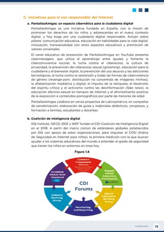 CIUDADANÍA DIGITAL 19
C. Iniciativas para el uso responsable del Internet
a.	PantallasAmigas: un espacio cibernético para la ciudadanía digital
PantallasAmigas es una iniciativa fundada en España, con la misión de
promover los derechos de los niños y adolescentes en el nuevo contexto
digital, y hoy boga por una ciudadanía digital responsable. Actúan sobre
pilares: comunicación educativa, educación en habilidades para la vida digital,
innovación, transversalidad con otros aspectos educativos y promoción de
valores universales.
El canal educativo de prevención de PantallasAmigas en YouTube presenta
cibermanagers, que utiliza el aprendizaje entre iguales y fomenta la
ciberconvivencia escolar, la lucha contra el ciberacoso, la cultura de
privacidad, la prevención del ciberacoso sexual (grooming), educación para la
ciudadanía y el bienestar digital, la prevención del uso abusivo y las adicciones
tecnológicas, la lucha contra la sextorsión y todas las formas de ciberviolencia
de género (revenge-porn, distribución no consentida de imágenes íntimas),
la alfabetización mediática y digital, el impulso de la netiqueta, el desarrollo
del espíritu crítico y el activismo contra las desinformación (fake news), la
educación afectivo-sexual en tiempos de internet y el afrontamiento positivo
de la exposición a contenidos pornográficos por parte de menores de edad.
PantallasAmigas colabora en varios proyectos de Latinoamérica, en campañas
de sensibilización, elaboración de guías y materiales didácticos, congresos, y
formación a familias, estudiantes y docentes.
b.	Coalición de inteligencia digital
	 DQ Institute, OECD, IEEE y WEF fundan el CDI-Coalición de Inteligencia Digital
en el 2018. A partir del marco común de estándares globales establecidos
por DQ con apoyo de estas organizaciones, para impulsar el COSI (Índice
de Seguridad en Internet para niños), la primera medición con la que buscan
ayudar a los sistemas educativos del mundo a entender el grado de seguridad
que tienen los niños en entornos en línea hoy.
Figura 1.8
CDI
Forums
 
