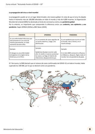 Curso virtual: “Actuando frente al COVID – 19”
6Ministerio de Educación
La propagación del virus a nivel mundial
La propagación puede ser en un lugar determinado o de manera global. En vista de que el virus ha dejado
hasta el momento más de 100,000 afectados en todo el mundo y más de 4,000 muertes, la Organización
Mundial de la Salud (OMS) ha declarado al brote de coronavirus como una pandemia global.
Por lo anterior, es importante que comprendas la diferencia entre una endemia, una epidemia y una
pandemia. Según MINSA (2020a) y BBC News (2020):
ENDEMIA EPIDEMIA PANDEMIA
Es una enfermedad infecciosa que
está presente en una zona de
manera permanente, en todo
momento durante años.
Es un aumento de casos seguidos de
un punto máximo y, luego, una
disminución.
Es una epidemia que ocurre en todo
el mundo, más o menos, en el
mismo tiempo.
Ejemplo:
El dengue es una enfermedad
emergente en la región de las
Américas y en el Perú.
Ejemplo:
Epidemias de gripe ocurren cada
año. En otoño o invierno aumentan
los casos y se llega al máximo de
infecciones; después disminuye.
Ejemplo:
En el año 2009 comenzó la influenza
en México y, después, llegó a todo el
mundo, fue una pandemia de gripe.
El 7 de marzo, la OMS declaró que el número de casos confirmados de COVID-19, en todo el mundo, había
superado los 100 000, por lo que se declaró como una pandemia.
 