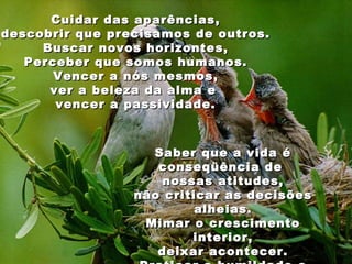 Cuidar das aparências, descobrir que precisamos de outros. Buscar novos horizontes, Perceber que somos humanos. Vencer a nós mesmos, ver a beleza da alma e  vencer a passividade. Saber que a vida é conseqüência de  nossas atitudes, não criticar as decisões alheias. Mimar o crescimento interior, deixar acontecer. Praticar a humildade e adorar o calor humano. 