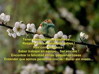 Tener pensamientos positivos . . . Respetar los sentimentos ajenos ! Reir con franqueza ! Saber trabajar en equipo... Ser sincero ! Encontrar la felicidad en las  pequeñas cosas . . . Entender que somos personas únicas ! Bailar sin miedo... 