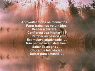 Aproveitar todos os momentos . . . Fazer trabalhos voluntários. Vencer a tristeza . . . Confiar na  voz interior  ! ! ! Perdoar as pessoas. Estimular a criatividade . . . Não perder-se em detalhes ! Saltar de alegria . . . Chorar de felicidade !  Deixar para amanhã. . . 