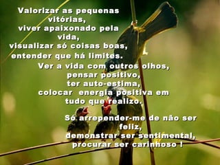 Valorizar as pequenas
         vitórias,
  viver apaixonado pela
           vida,
visualizar só coisas boas,
entender que há limites.
      Ver a vida com outros olhos,
             pensar positivo,
             ter auto-estima,
      colocar energia positiva em
             tudo que realizo.

           Só arrepender-me de não ser
                      feliz,
           demonstrar ser sentimental,
            procurar ser carinhoso !
 