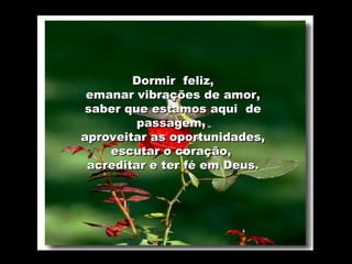 Dormir  feliz,
     emanar vibrações de amor,
     saber que estamos aqui de
             passagem,
    aproveitar as oportunidades,
        escutar o coração,
     acreditar e ter fé em Deus.
 
 
 
 
 