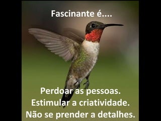 Perdoar as pessoas. Estimular a criatividade. Não se prender a detalhes.   Fascinante é.... 