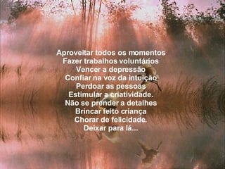 Aproveitar todos os momentos Fazer trabalhos voluntários Vencer a depressão Confiar na voz da intuição Perdoar as pessoas Estimular a criatividade. Não se prender a detalhes Brincar feito criança Chorar de felicidade. Deixar para lá... 