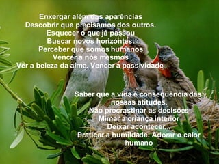 Enxergar além das aparências Descobrir que precisamos dos outros. Esquecer o que já passou Buscar novos horizontes. Perceber que somos humanos Vencer a nós mesmos Ver a beleza da alma. Vencer a passividade . Saber que a vida é conseqüência das  nossas atitudes. Não procrastinar as decisões Mimar a criança interior Deixar acontecer... Praticar a humildade. Adorar o calor humano 