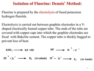 KHF2 KF +HF HF H + F
2H + 2e H2 (At cathode) 2F 2e F2 (At Anode)
Isolation of Fluorine: Dennis’ Method:
Fluorine is prepared by the electrolysis of fused potassium
hydrogen fluoride.
Electrolysis is carried out between graphite electrodes in a V-
shaped electrically heated copper tube. The ends of the tube are
covered with copper caps into which the graphite electrodes are
fixed with Bakelite cement. The copper tube is thickly bagged to
prevent loss of heat.
21
 