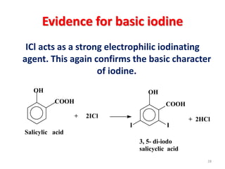 Evidence for basic iodine
ICl acts as a strong electrophilic iodinating
agent. This again confirms the basic character
of iodine.
28
OH
COOH
+ 2ICl
COOH
II
OH
+ 2HCl
Salicylic acid
3, 5- di-iodo
salicyclic acid
 