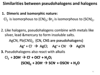 Similarities between pseudohalogens and halogens
1. Dimeric and isomorphic nature:
Cl2 is isomorphous to (CN)2; Br2 is isomorphous to (SCN)2.
2. Like halogens, pseudohalogens combine with metals like
silver, lead &mercury to form insoluble salts.
AgCN, Pb(CNS)2 (CN, CNS are pseudohalogens)
Ag+ + Cl-  AgCl; Ag+ + CN-  AgCN
3. Pseudohalogens also react with alkalis
Cl2 + 2OH-  Cl- + OCl- + H2O;
(SCN)2 + 2OH-  SCN- + OSCN- + H2O
41
 