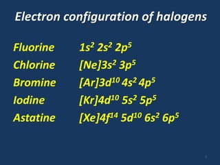 Electron configuration of halogens
Fluorine 1s2 2s2 2p5
Chlorine [Ne]3s2 3p5
Bromine [Ar]3d10 4s2 4p5
Iodine [Kr]4d10 5s2 5p5
Astatine [Xe]4f14 5d10 6s2 6p5
7
 