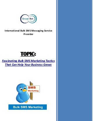 International Bulk SMS Messaging Service
Provider
TOPIC:
Fascinating Bulk SMS Marketing Tactics
That Can Help Your Business Grows
 