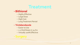 Treatment
• Bithional
• Highly Effective
• Large Dose
• High Cost
• LongTreatment Period
• Triclabendazole
• Easier to Use
• 1-2 Oral Doses in 24 hrs
• Virtually 100% Effective
• Surgery
50
 