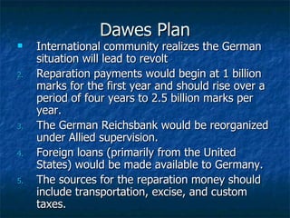 Dawes Plan International community realizes the German situation will lead to revolt Reparation payments would begin at 1 billion marks for the first year and should rise over a period of four years to 2.5 billion marks per year.  The German Reichsbank would be reorganized under Allied supervision.  Foreign loans (primarily from the United States) would be made available to Germany.  The sources for the reparation money should include transportation, excise, and custom taxes.  